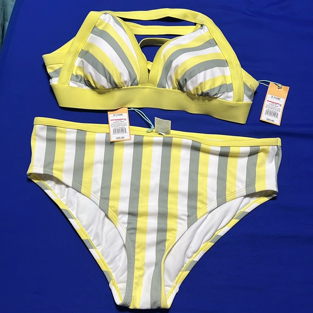 NWT KONA SOL yellow, green, and white bikini Size 14W